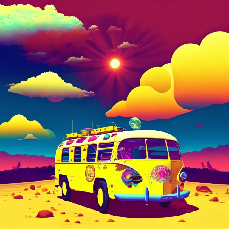 Colorful Retro Van Illustration with Psychedelic Patterns Under Warm Sunset Sky