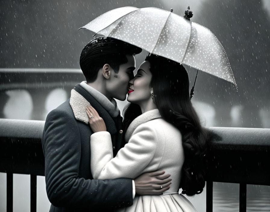 Monochromatic image: couple kissing under umbrella with red lipstick.