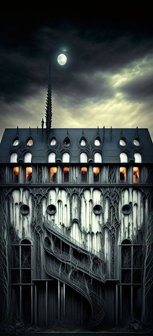 Gothic-style Mansion Night Scene with Lit Windows