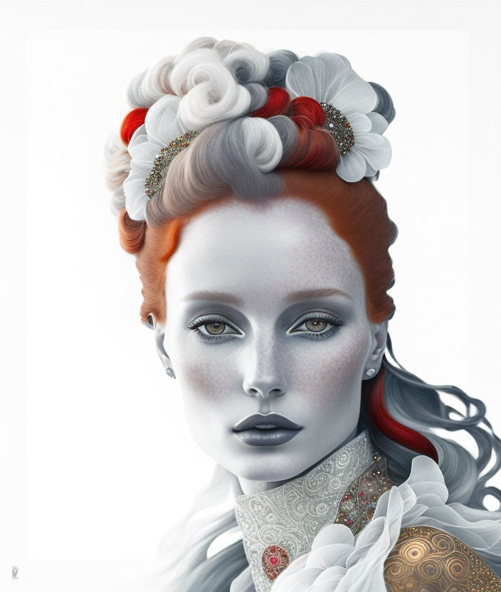 Stylized portrait of a woman with white and red hair, pale skin, blue-grey lips,