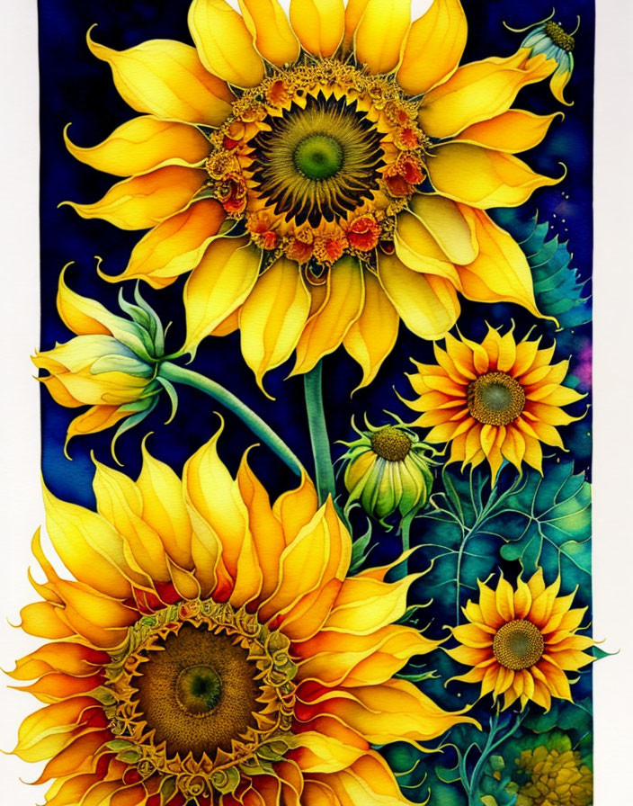 Vibrant sunflowers in bloom on dark blue background