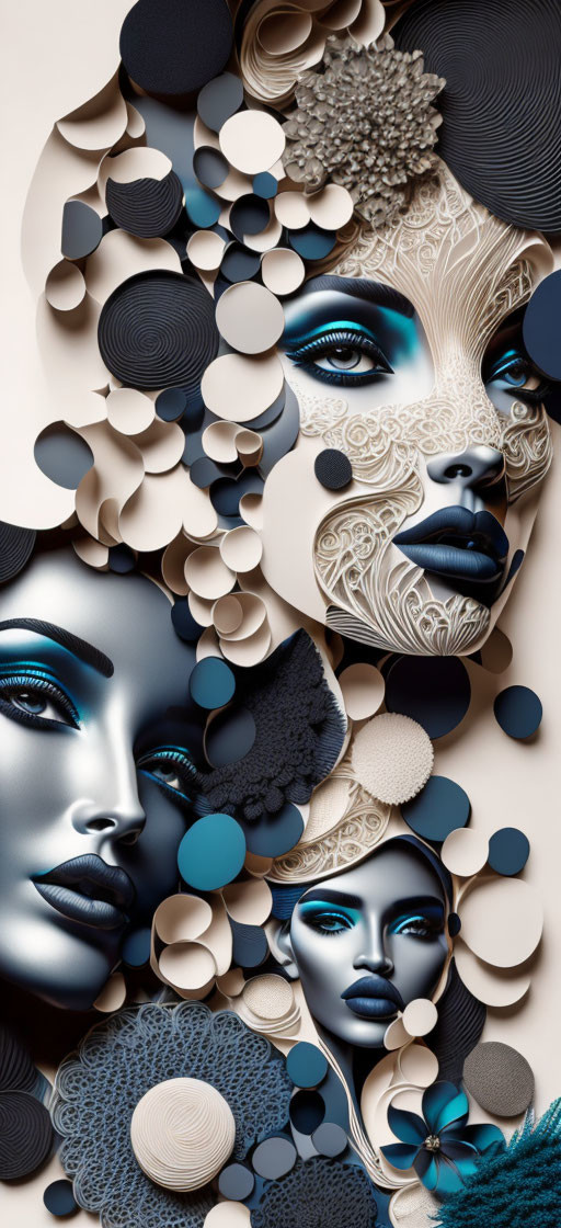 Three female faces with intricate patterns in blue hues and abstract circles.