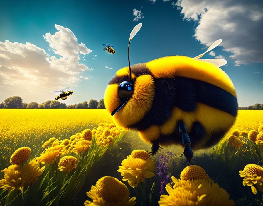 Oversized bumblebee flying over vibrant yellow flower field