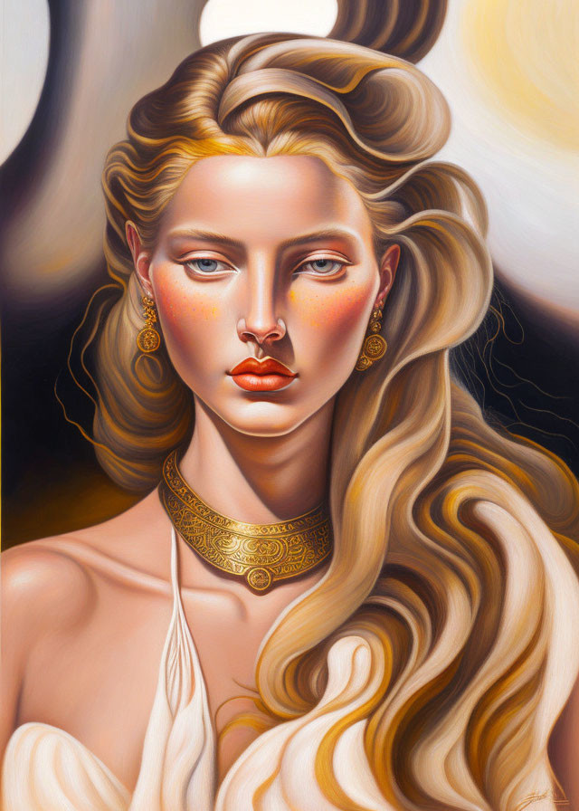 Blonde woman portrait with golden accessories and warm tones