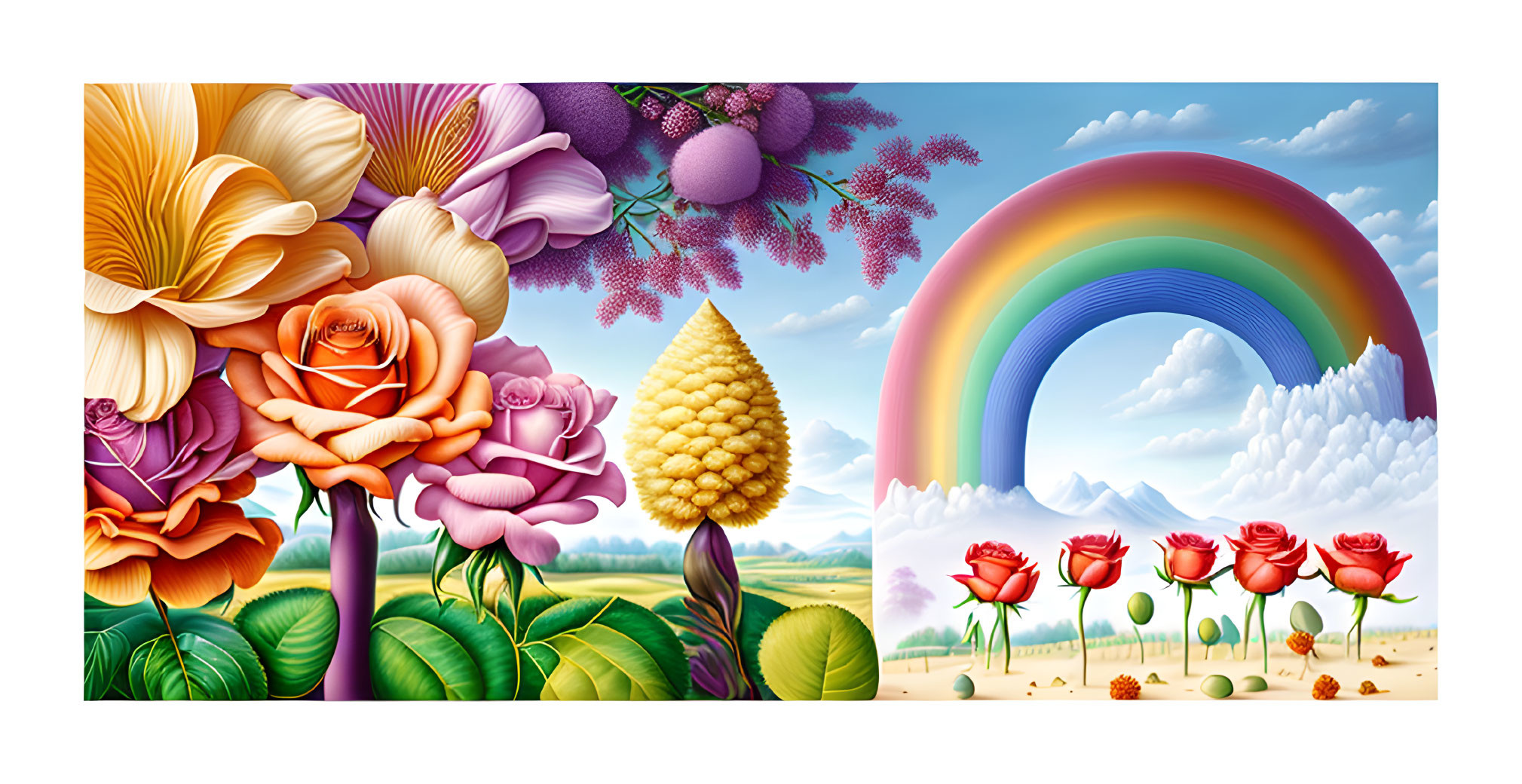 Colorful illustration of oversized flowers, plants, rainbow, and clouds.