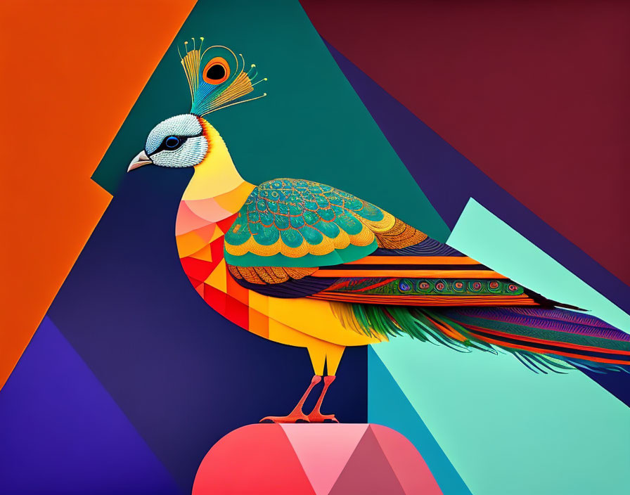 Colorful Stylized Peacock Artwork with Geometric Patterns