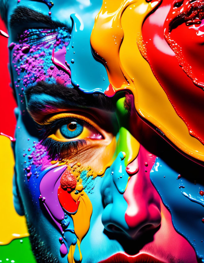 Vibrant multicolored liquid on person's face, close-up eye detail