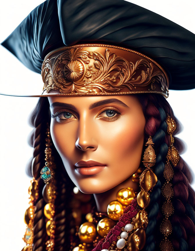 Woman with Striking Makeup and Golden Headdress, Green Gemstone Earrings