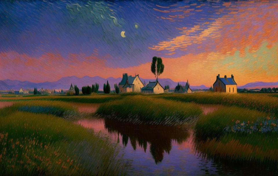 Serene rural landscape painting at twilight with houses, river reflection, clouds, crescent moon