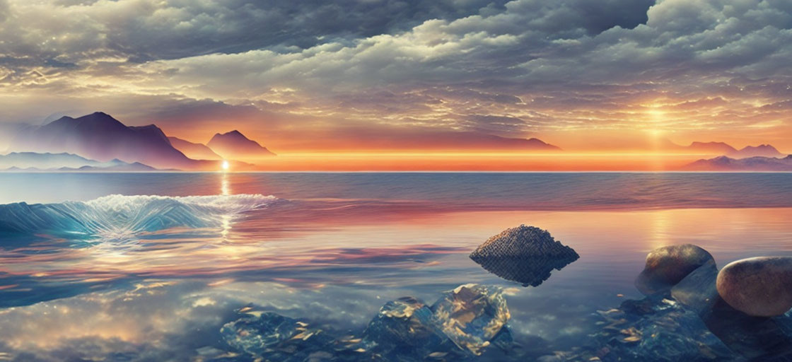 Tranquil sunset scene with calm sea, gentle waves, mountains, and reflective rocks