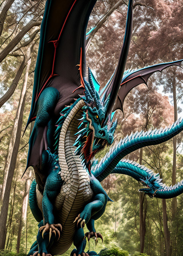 Majestic blue and green dragon with expansive wings perched in forest setting