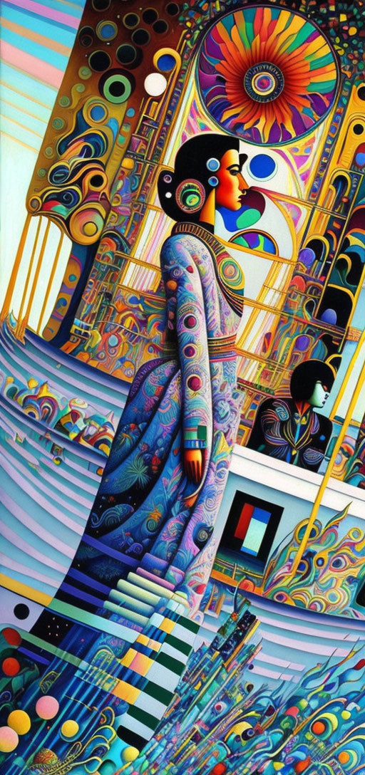 Colorful painting of woman in patterned dress on intricate background