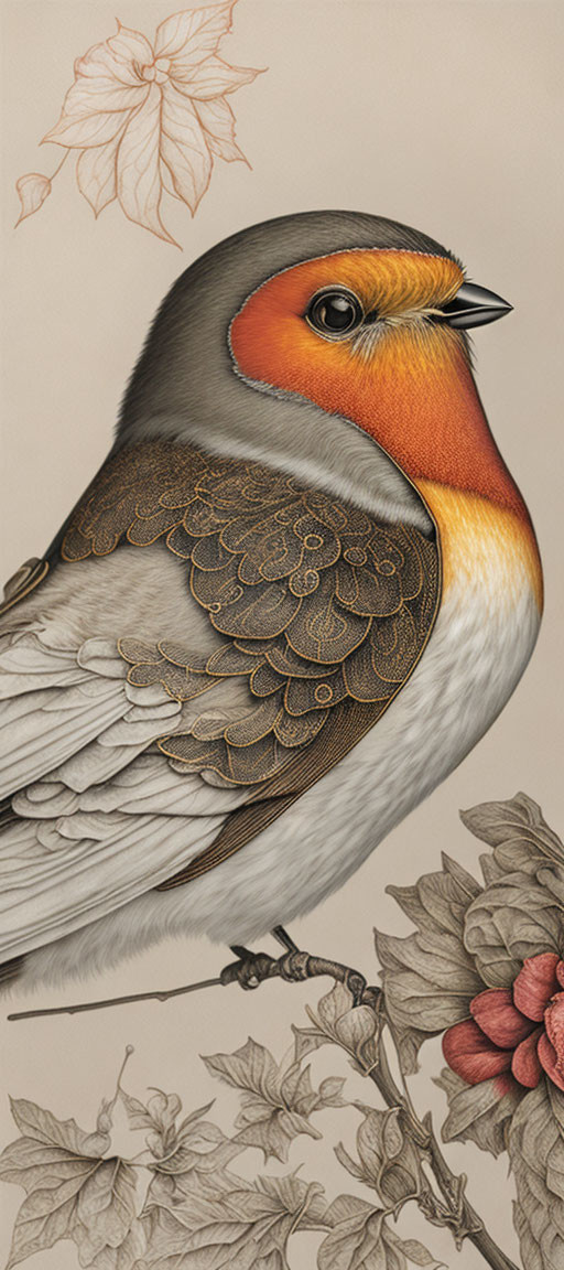 Realistic bird illustration with vibrant orange cheek perched on branch among sketched leaves.