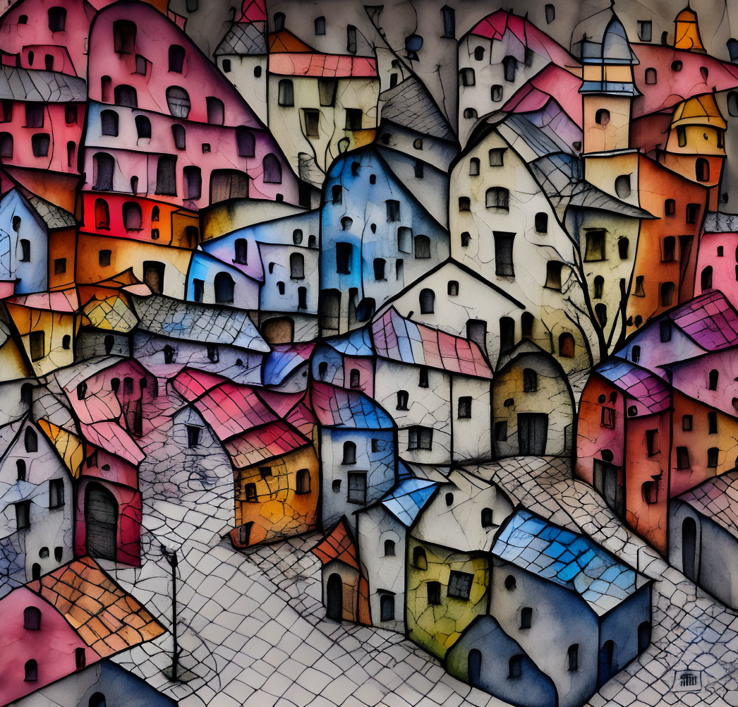 Vibrant abstract illustration of clustered, whimsical houses with stained glass-like appearance