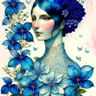 Illustrated portrait of woman with blue hair, surrounded by blue flowers and butterflies on pale background