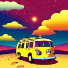 Colorful Retro Van Illustration with Psychedelic Patterns Under Warm Sunset Sky