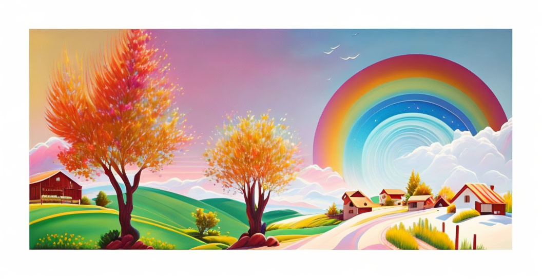 Vibrant autumn countryside scene with rainbow sky and red barn