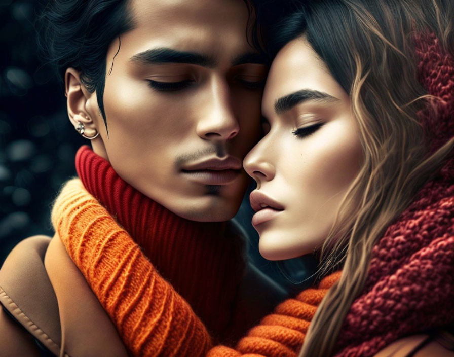 Close-Up Illustration: Man and Woman in Knitted Scarves