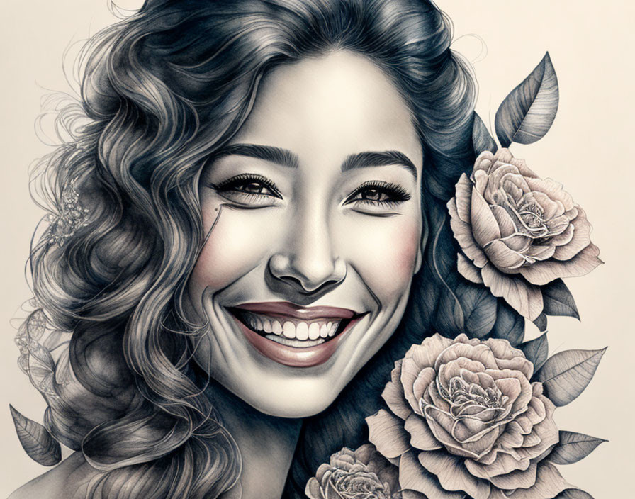 Detailed pencil drawing of a smiling woman with wavy hair and roses.