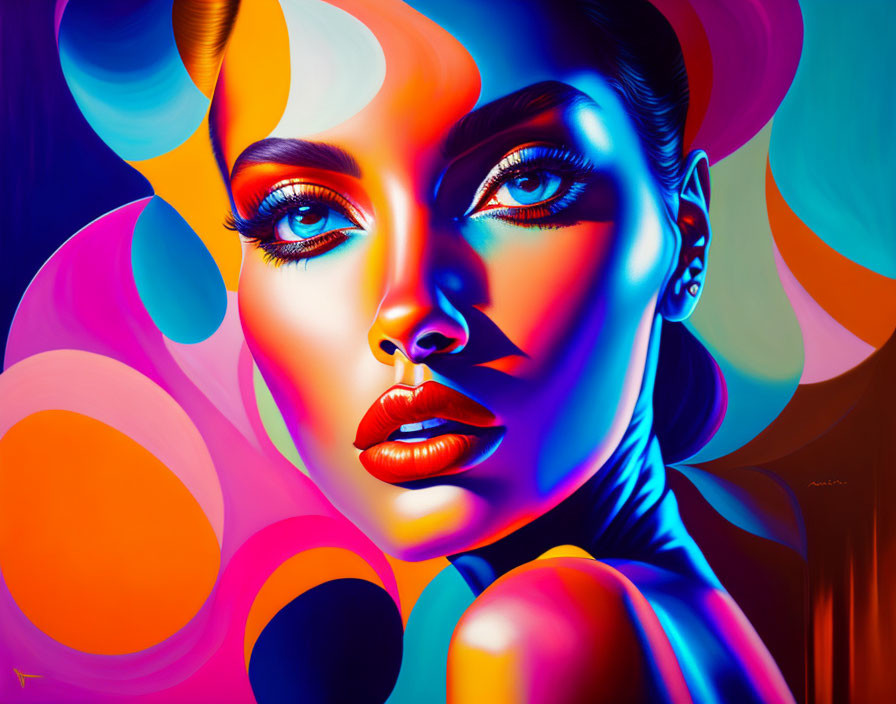 Colorful Pop Art Portrait with Swirling Background and Hyperrealistic Details