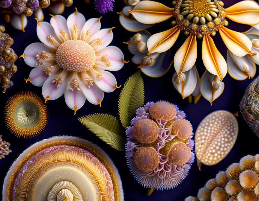 Intricate surreal flowers and organic shapes in vivid digital art