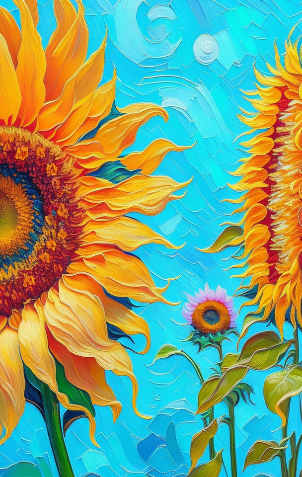 Detailed Sunflower Painting Against Textured Blue Sky