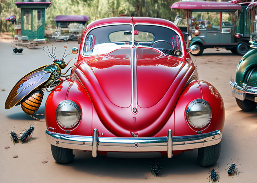 Digitally altered image: Red Volkswagen Beetle with oversized mechanical insects.