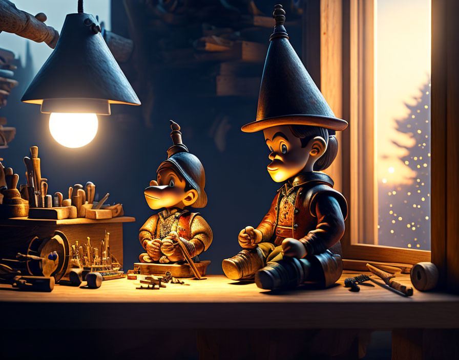 Wooden Pinocchio Figures by Window in Workshop at Night