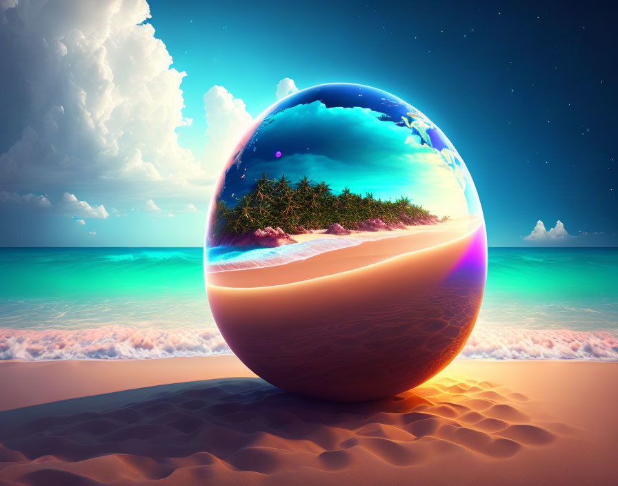 Spherical crystal reflecting tropical beach scene