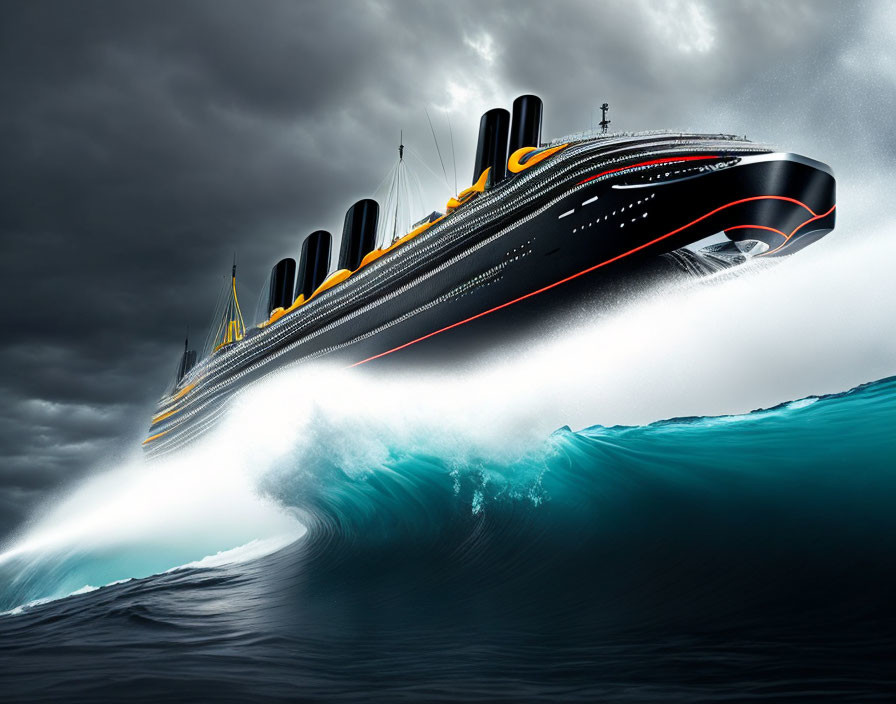 Black ocean liner with yellow accents navigating stormy waves