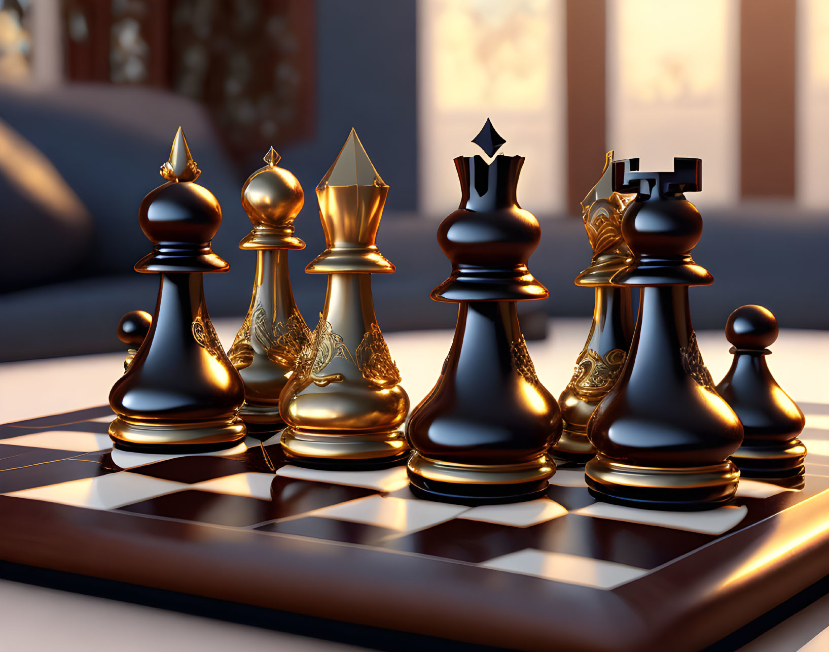 Glossy Black and Gold Chess Set on Wooden Board