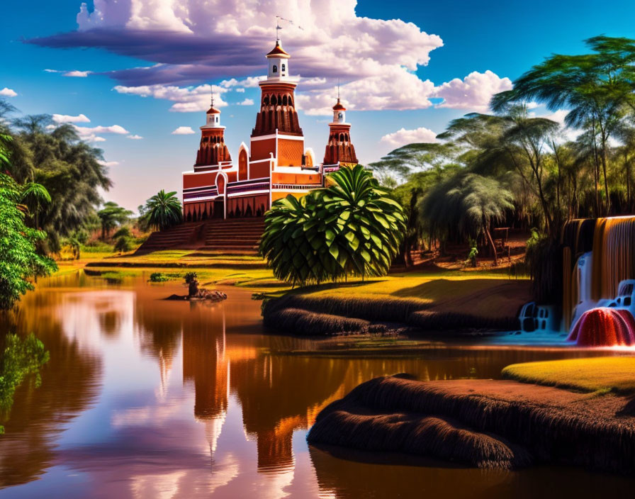 Scenic landscape with church on hill, river, waterfalls, lush trees