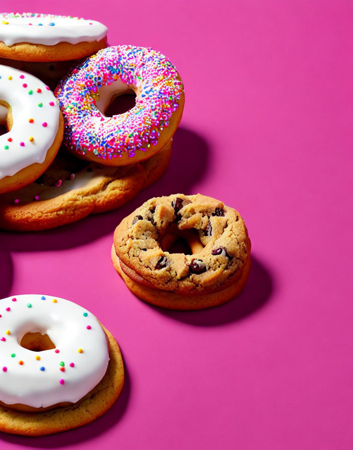 Variety of Donuts and Chocolate Chip Cookie on Pink Background