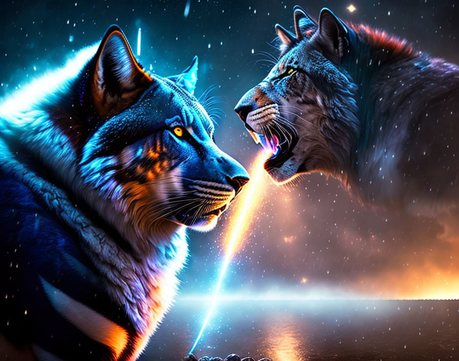 Wolf and tiger digital art with cosmic backdrop and dividing light beam