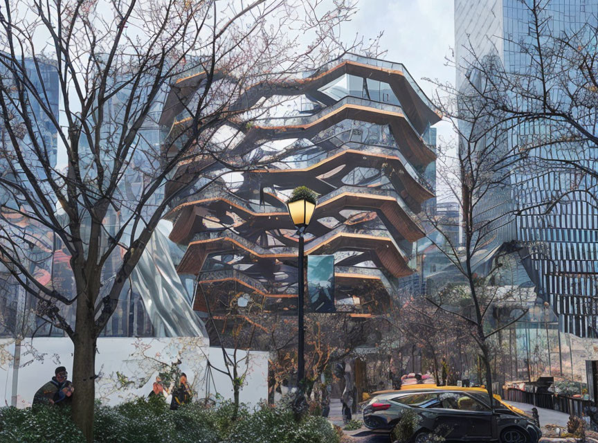 Futuristic layered building in cityscape with trees and pedestrians