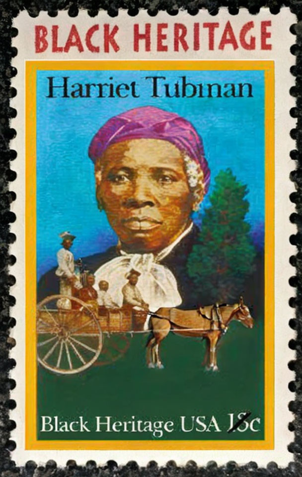 Black Heritage series postage stamp with Harriet Tubman and horse-drawn carriage illustration