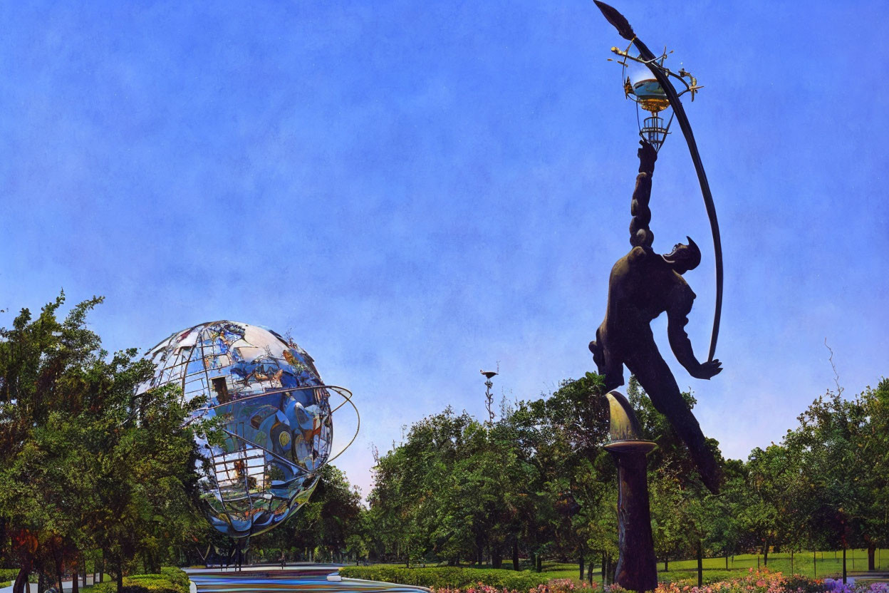 Figure holding lantern near large globe in park with green trees