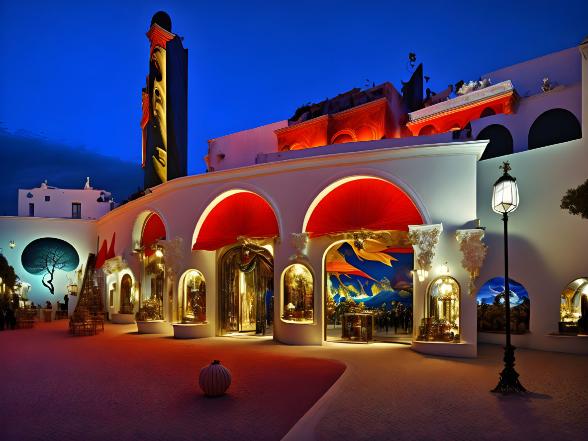 Vibrant illuminated building with arches and clock tower at dusk