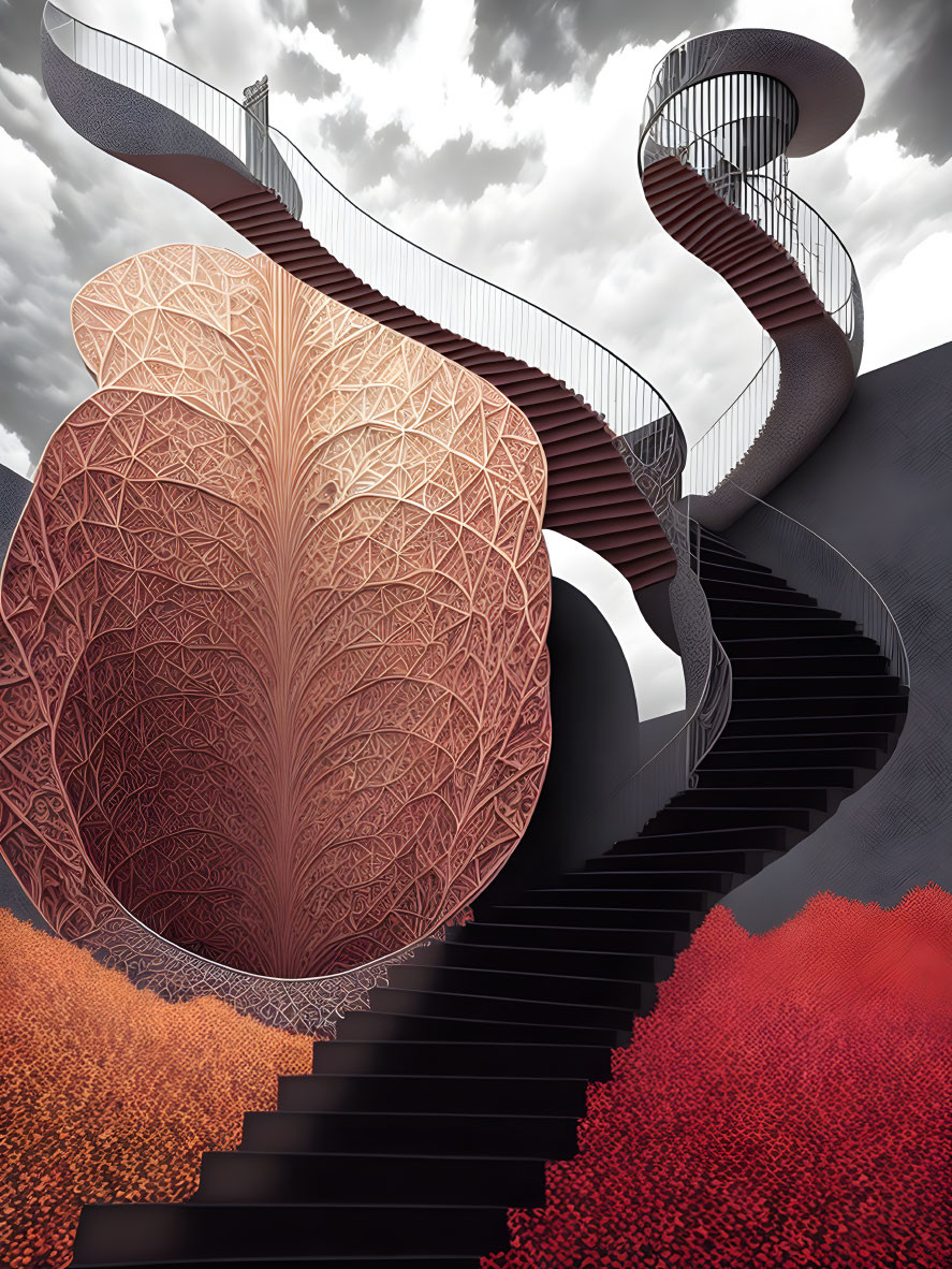 Giant Leaf Structure with Spiral Staircases in Surrealistic Scene