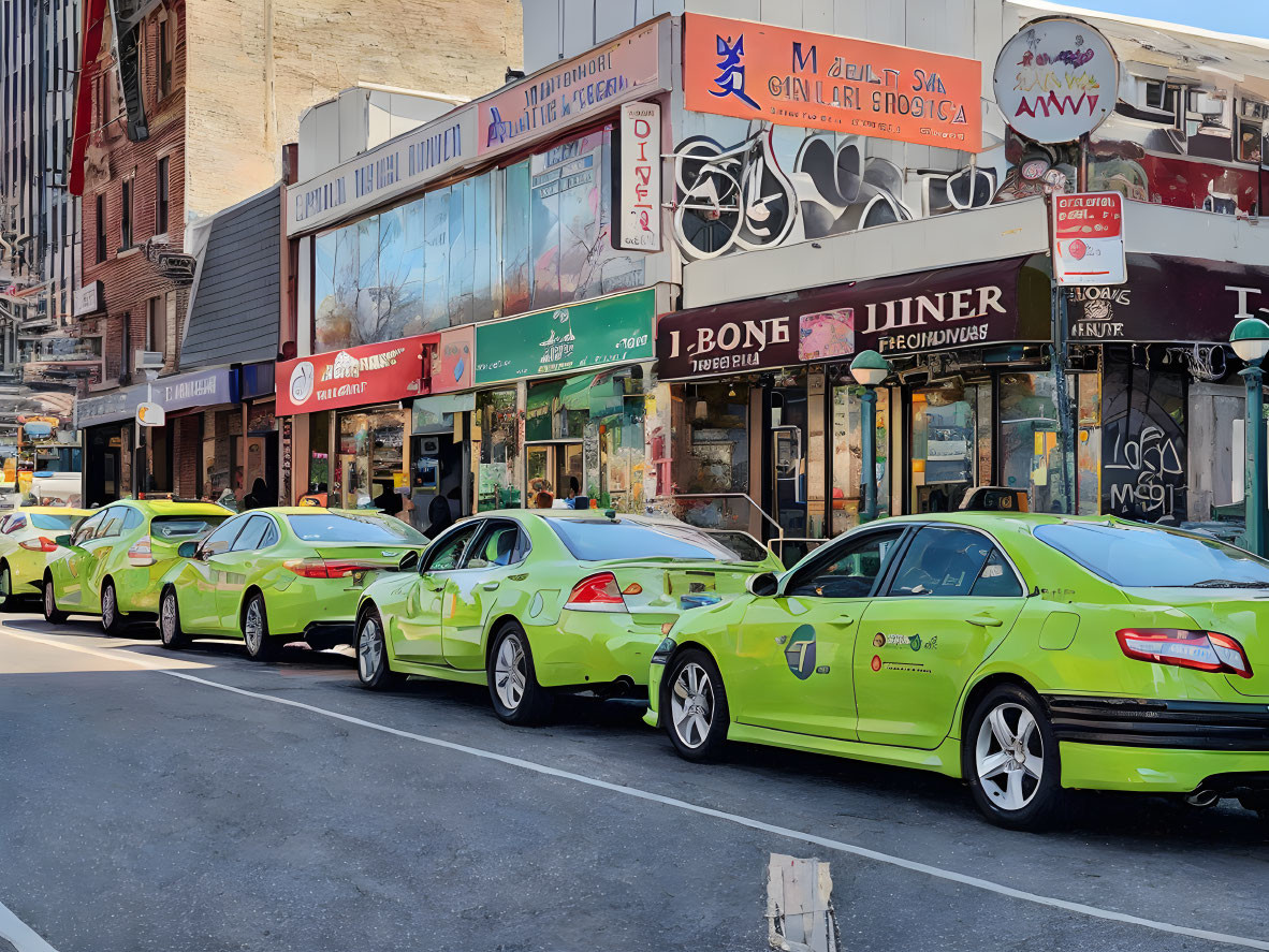 Bright Green Taxis Parked on Urban Street with Storefronts & Graffiti