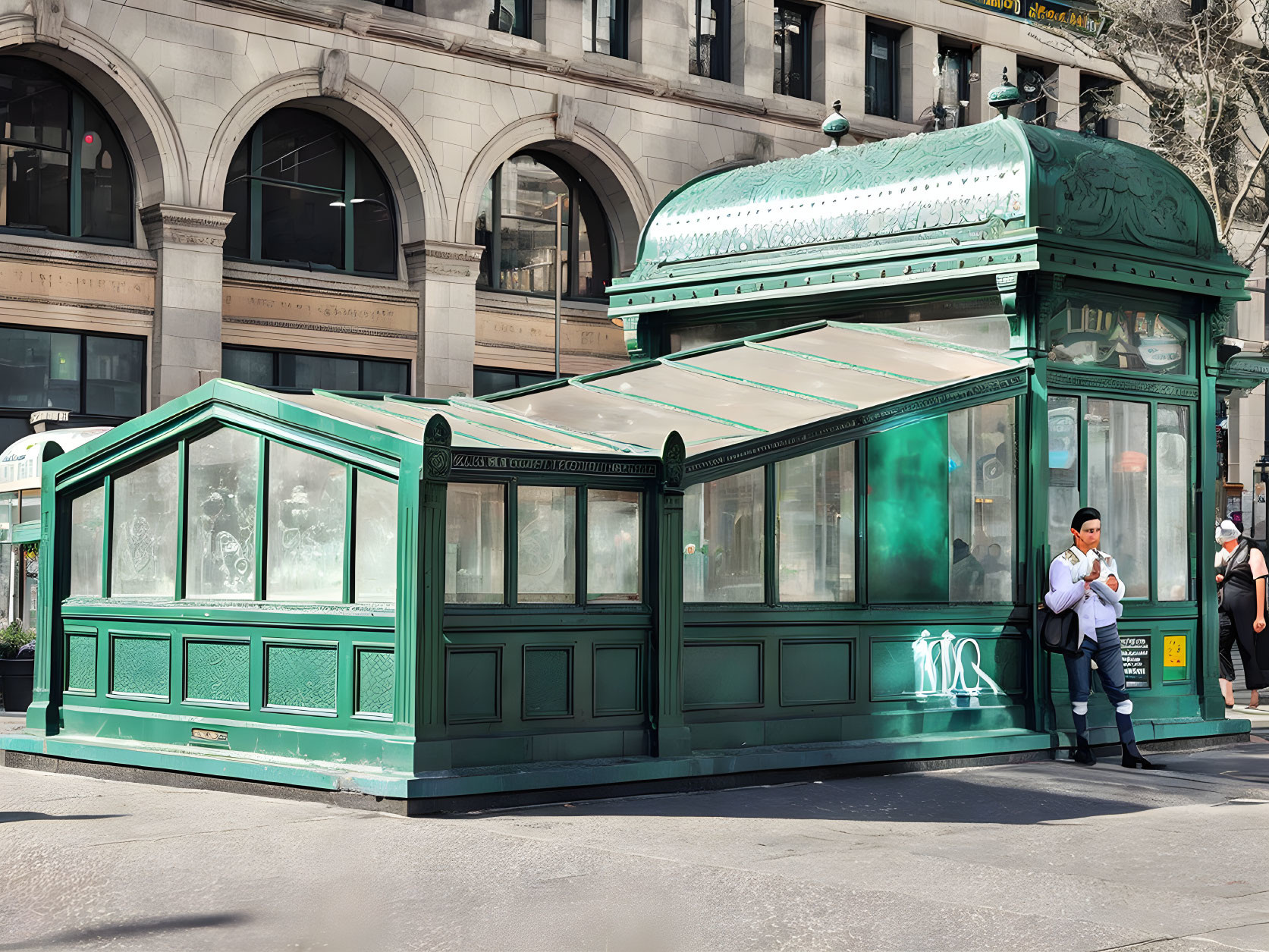 Vintage Green Subway Entrance with Frosted Glass and People on Sunny Day