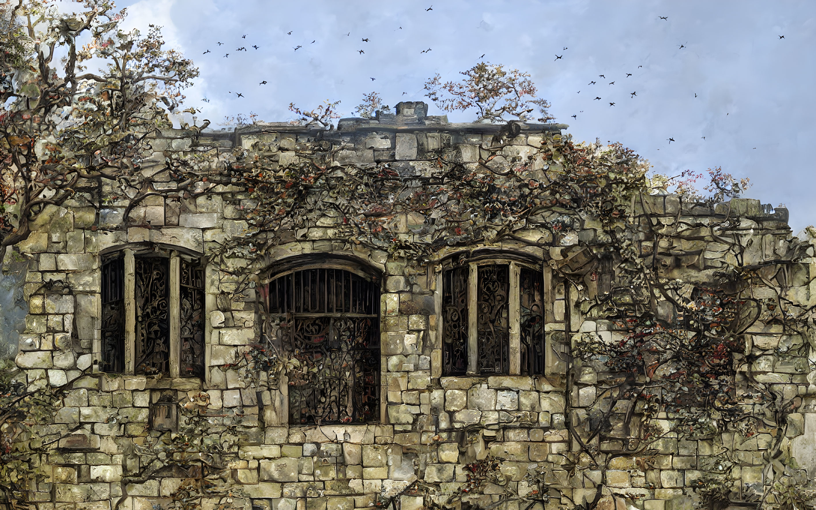 Ancient stone wall with ivy, arched windows, iron bars, birds in sky