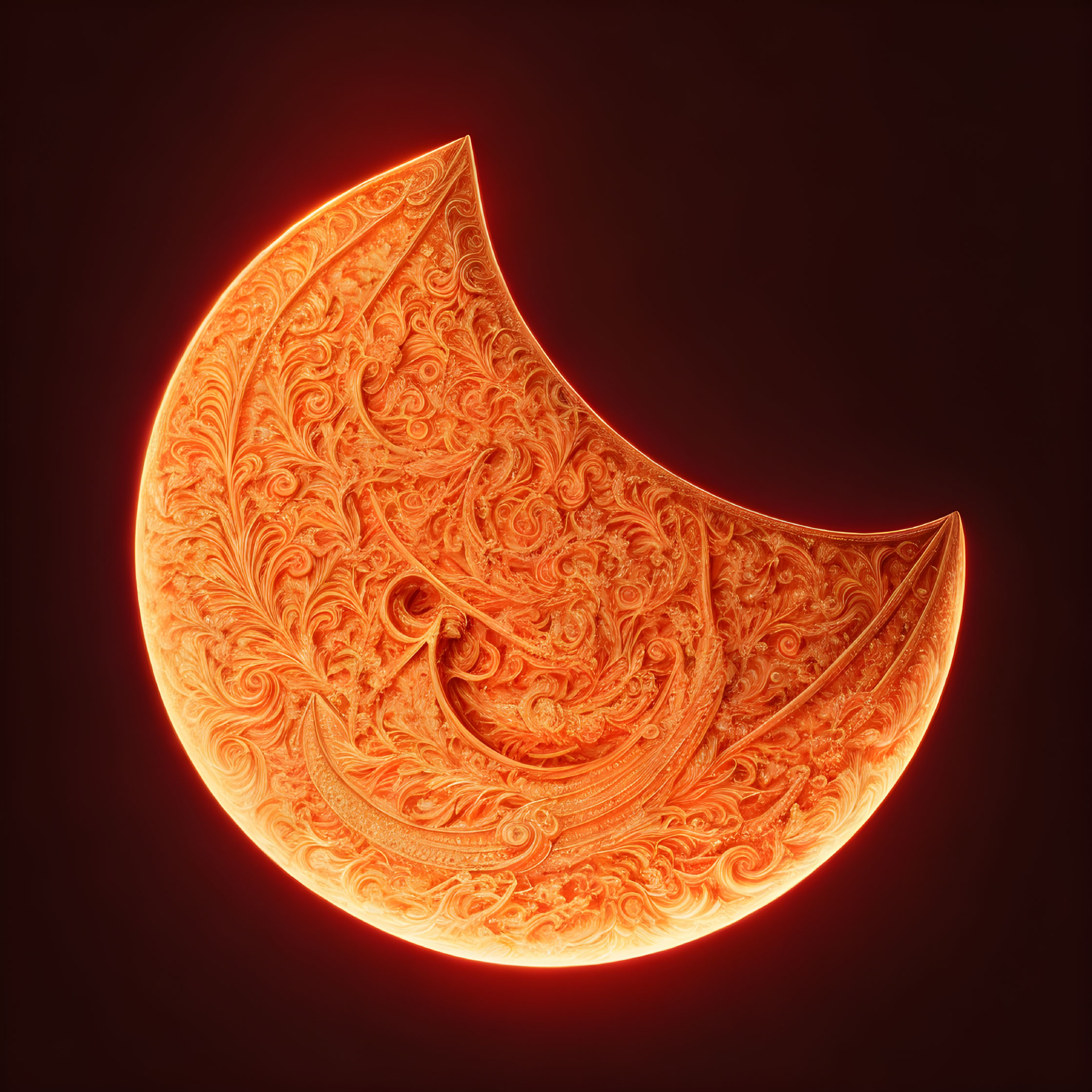 Intricately designed glowing crescent moon on dark reddish background