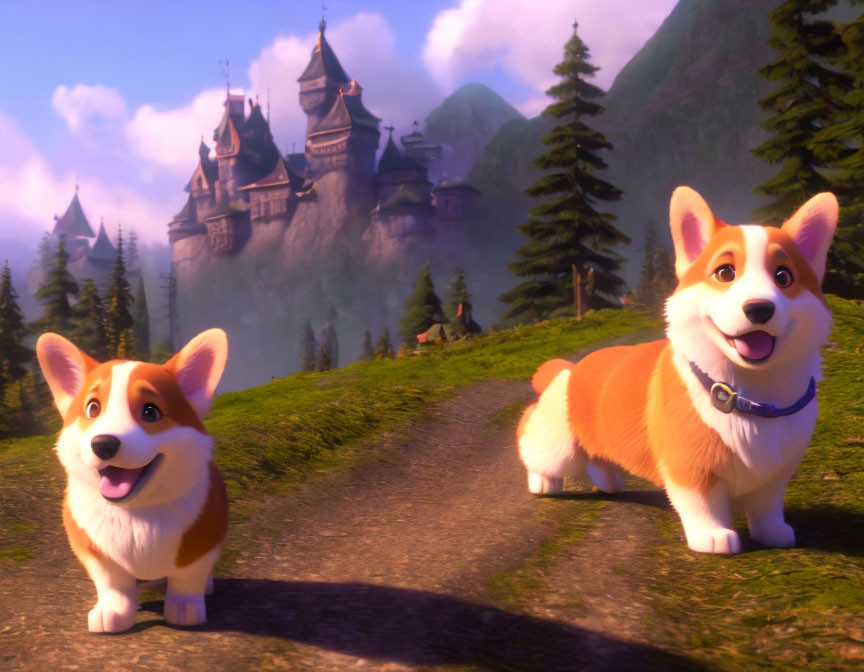 Two animated corgi dogs on a path with castle and mountains.