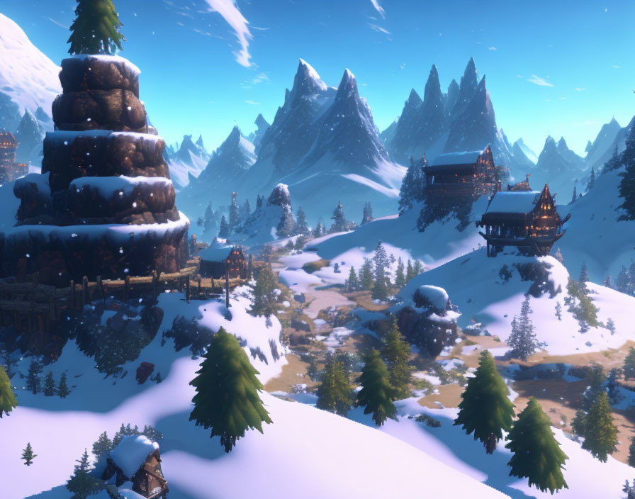 Snowy Landscape with Evergreen Trees, Village, Chalets, Mountains, Blue Sky