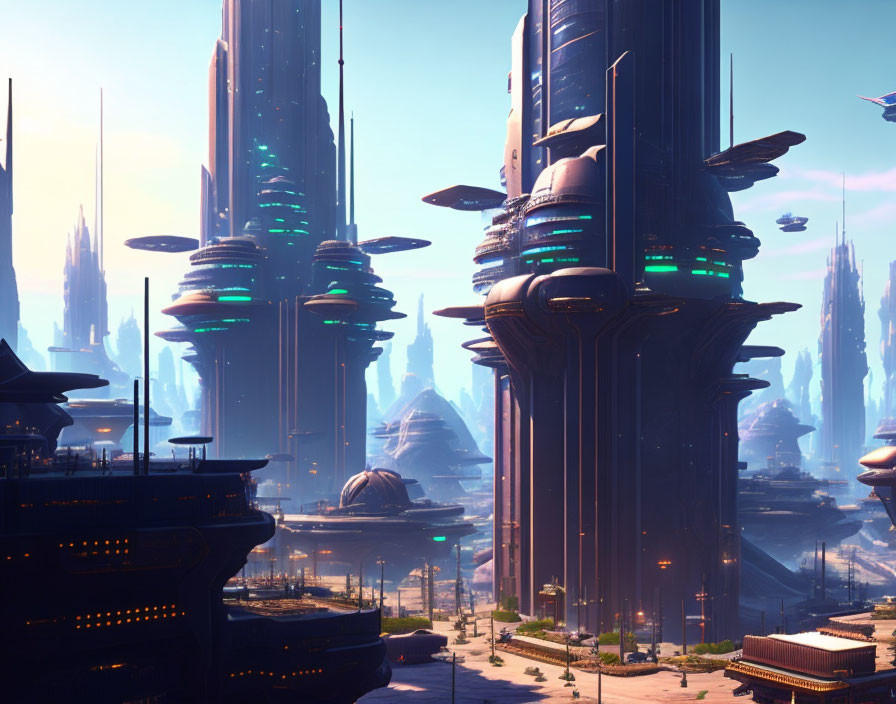 Futuristic cityscape with skyscrapers and flying vehicles