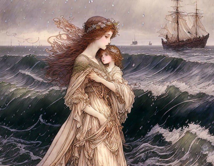 Mother holding child at sea with distant ship and stormy waves