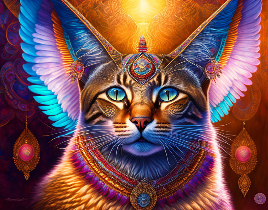 Colorful digital artwork: Mystical cat with intricate patterns, feathers, and jewelry on ornate background