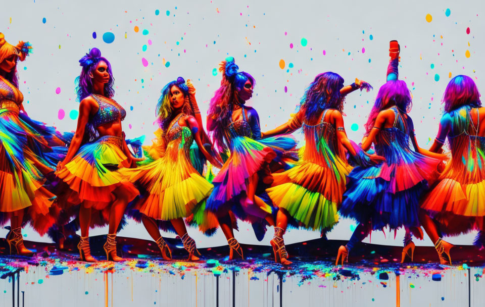 Colorful dancers in vibrant tutu skirts and accessories against white backdrop