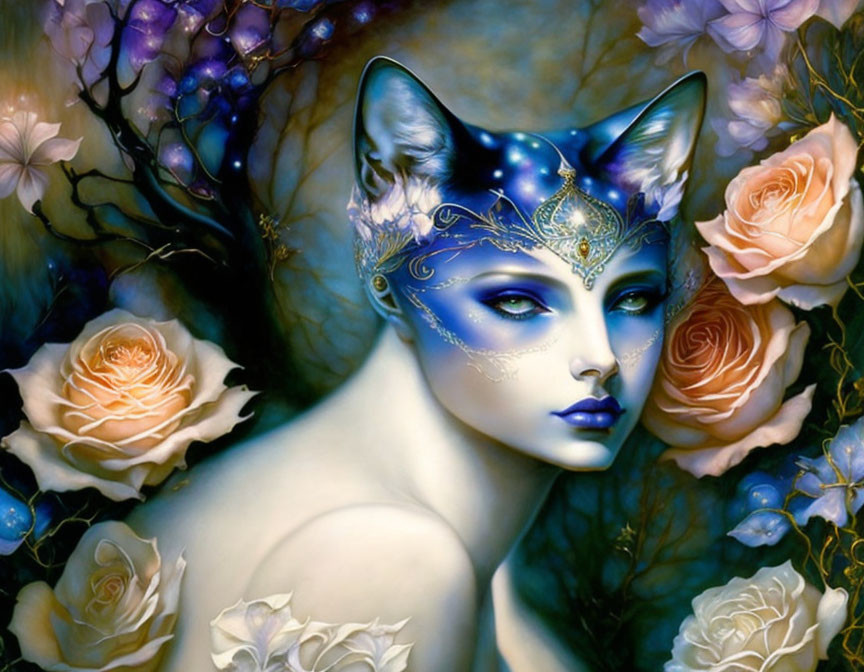 Fantasy illustration of woman with cat-like appearance and starry mask among pastel roses